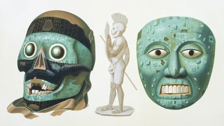 Til venstre: skallemaske til guden Tezcatlipoca og høyre: maske som representerer guden Quetzalcoatl eller Tonatiuh, ca. 1500, plate 43 fra 